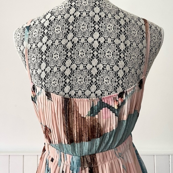 Pastel Chiffon Lace Patchwork Pleated Wrap Dress Size L - Picture 10 of 15